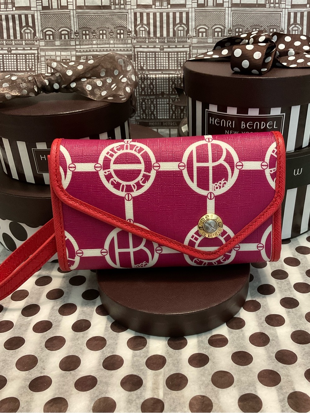 Henri Bendel Iconic 1895 Monogram Pattern Flap Wristlet - Vibrant Pink w Red